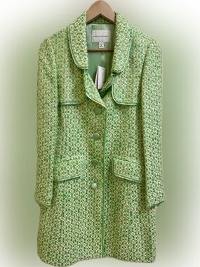 Banana Republic Green & White Plaid Tweed Belted Trench Coat Petite Medium NWT